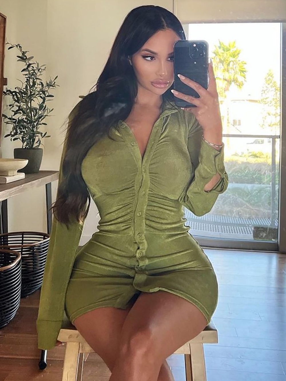 Fashion Nova Olive Green Ruched Button-Front Mini Dress